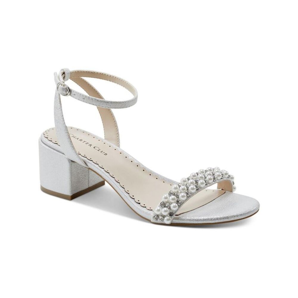 CHARTER CLUB Womens Silver Amara Open Toe Block Heel Heeled Sandal 5.5 M